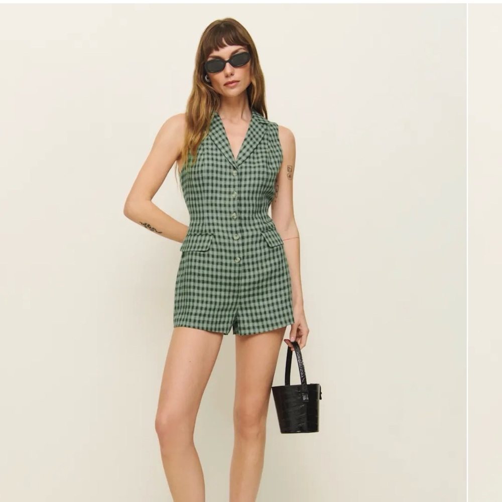 Reformation Leila linen romper, cactus—chic, lightweight, travel-ready.